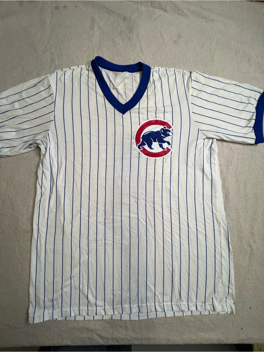 Majestic White Pinstripe Jersey with Blue Trim and Red Logo